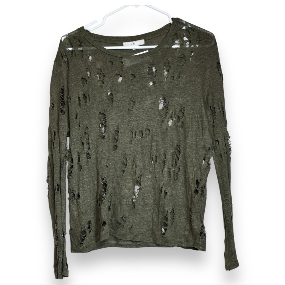 IRO Liza Distressed Linen Long Sleeve Tee Army Green size‎ S Excellent